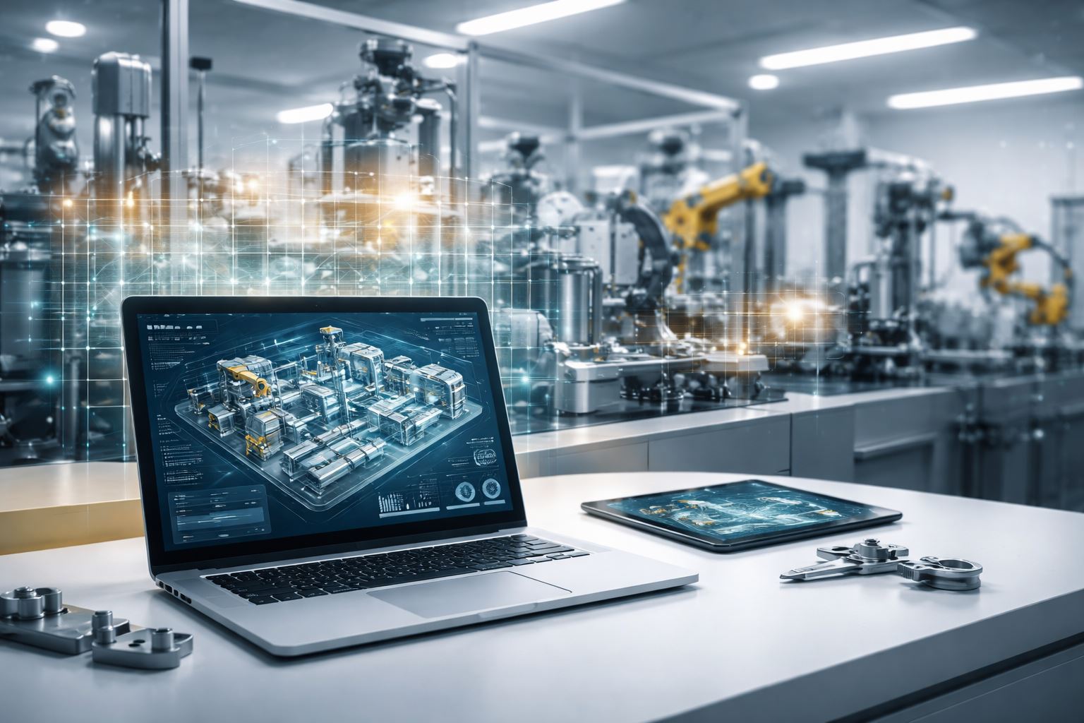 FAT SAT digital twin di lingkungan manufaktur: visualisasi model 3D commissioning dan pengujian sistem otomatisasi secara presisi tanpa operator.