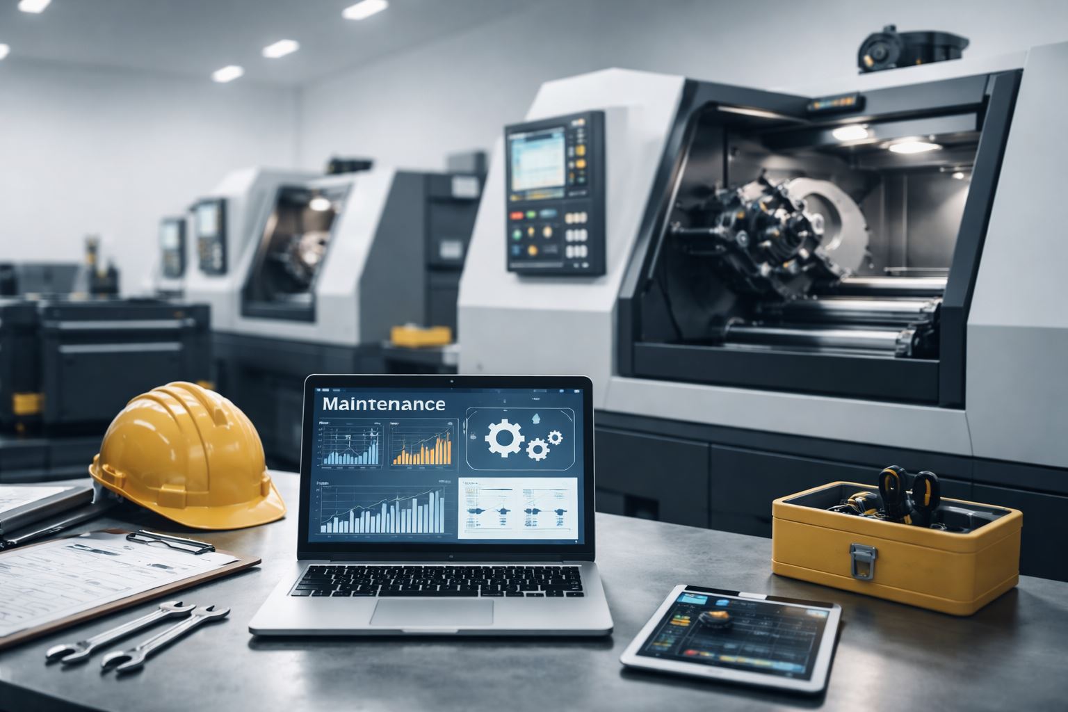 Preventive maintenance kurangi downtime: suasana workshop modern dengan mesin CNC, perangkat monitoring, dan toolkit rapi untuk perawatan terjadwal yang mencegah kerusakan.