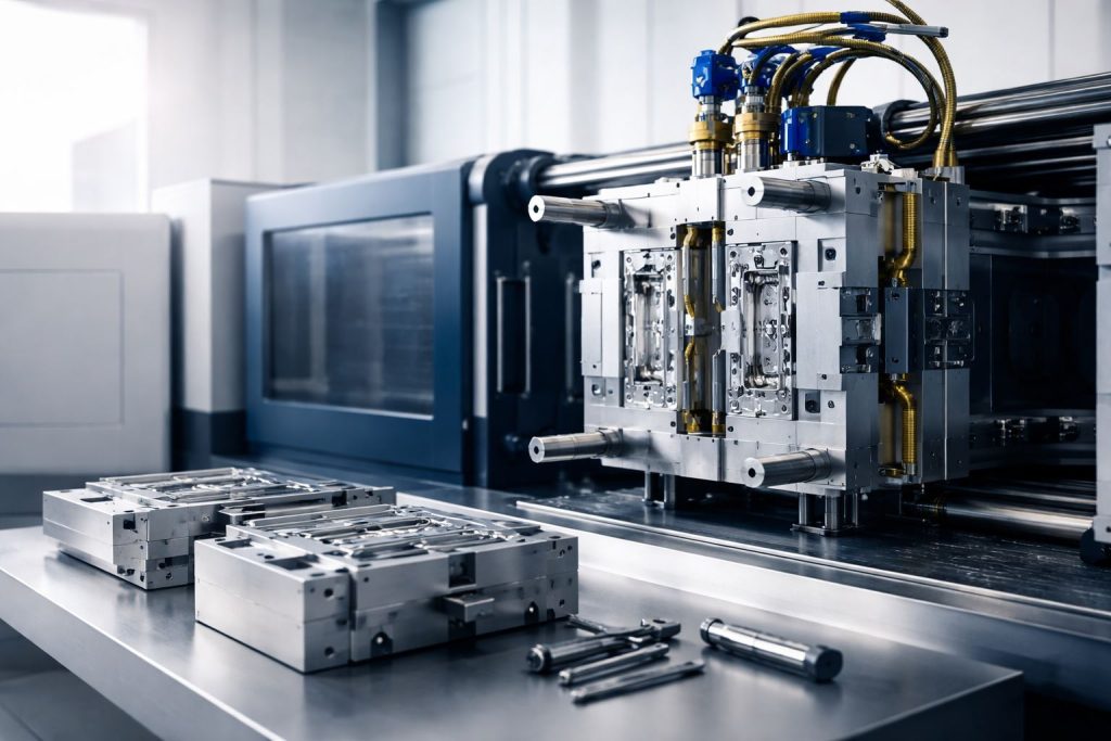 Ilustrasi SMED ganti mold cepat pada mesin injection molding: setup mold presisi untuk memangkas downtime dan mempercepat pergantian mold.