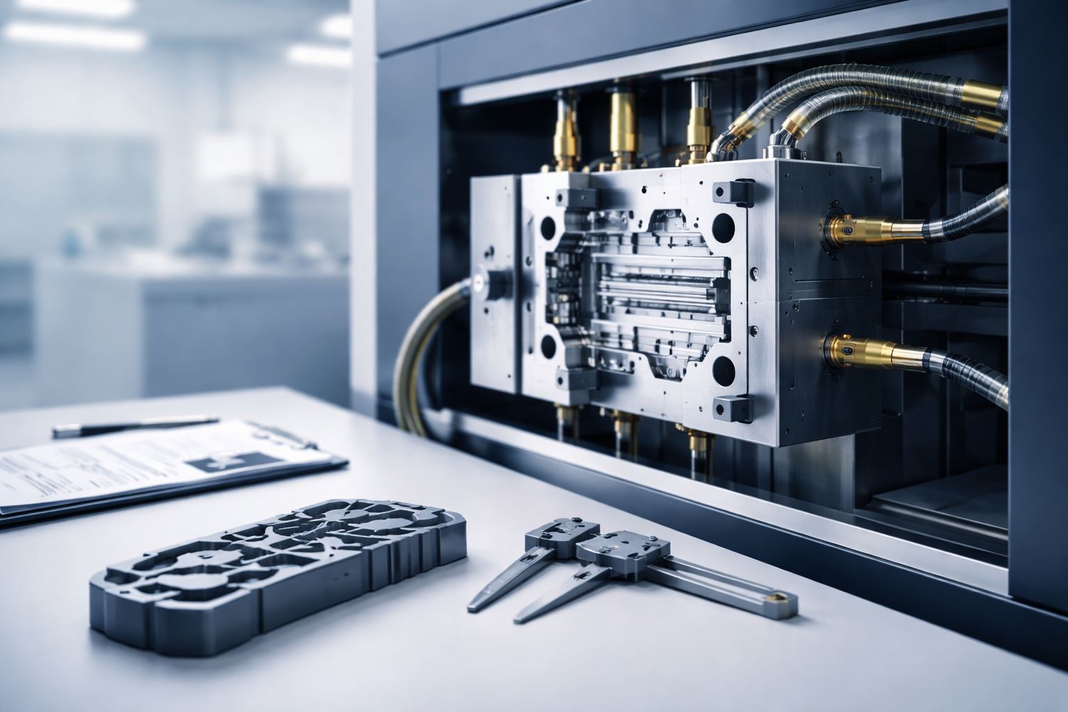 Optimasi parameter injection molding berbasis data pada mold presisi untuk menekan warpage dan meningkatkan akurasi dimensi komponen.