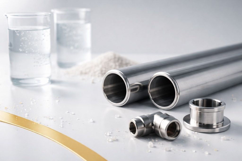 Stainless 304 vs 316 untuk aplikasi food-grade: close-up pipa dan fitting stainless dengan uji korosi chloride, menonjolkan perbedaan ketahanan terhadap lingkungan asin.