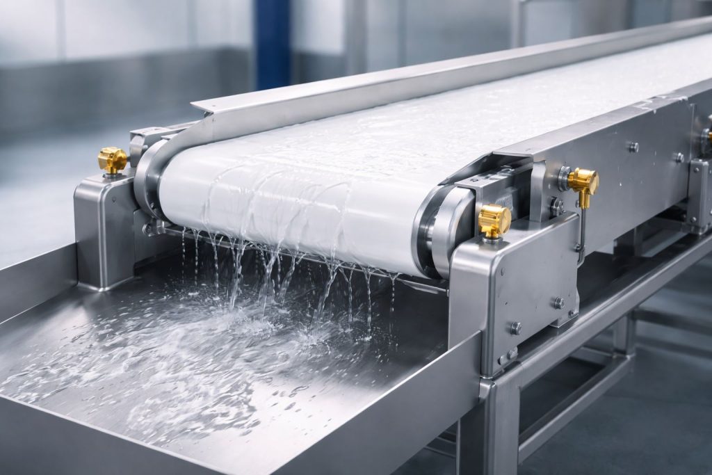 Desain conveyor hemat air: belt higienis stainless dengan aliran bilas terarah, minim celah, mudah dibersihkan untuk sanitasi efisien.