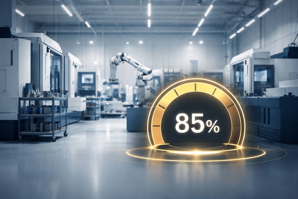 Ilustrasi ultra-realistic lini produksi modern dengan indikator OEE 85% sebagai benchmark OEE kelas dunia, menonjolkan mesin presisi dan nuansa warna biru navy serta aksen emas.