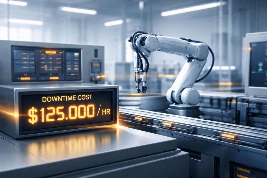 Ilustrasi otomasi pabrik modern yang menekan biaya downtime per jam lewat pemantauan mesin dan sistem kontrol real-time.