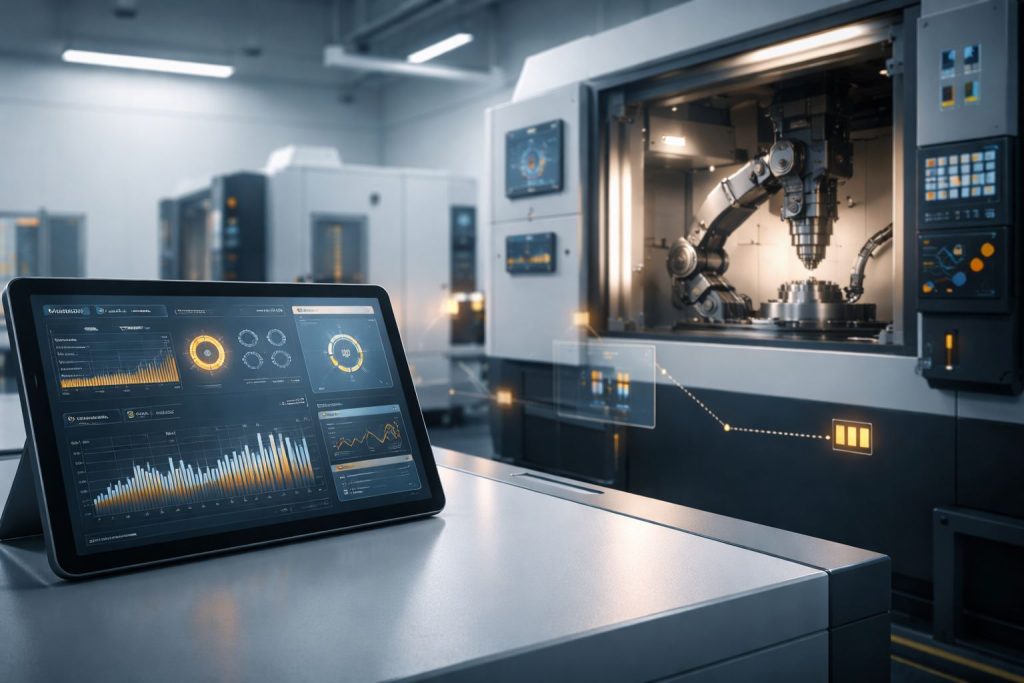 Ilustrasi pabrik pintar Industri 4.0 pangkas downtime: mesin CNC otomatis terhubung dashboard data real-time untuk memantau kesehatan mesin dan kinerja produksi.