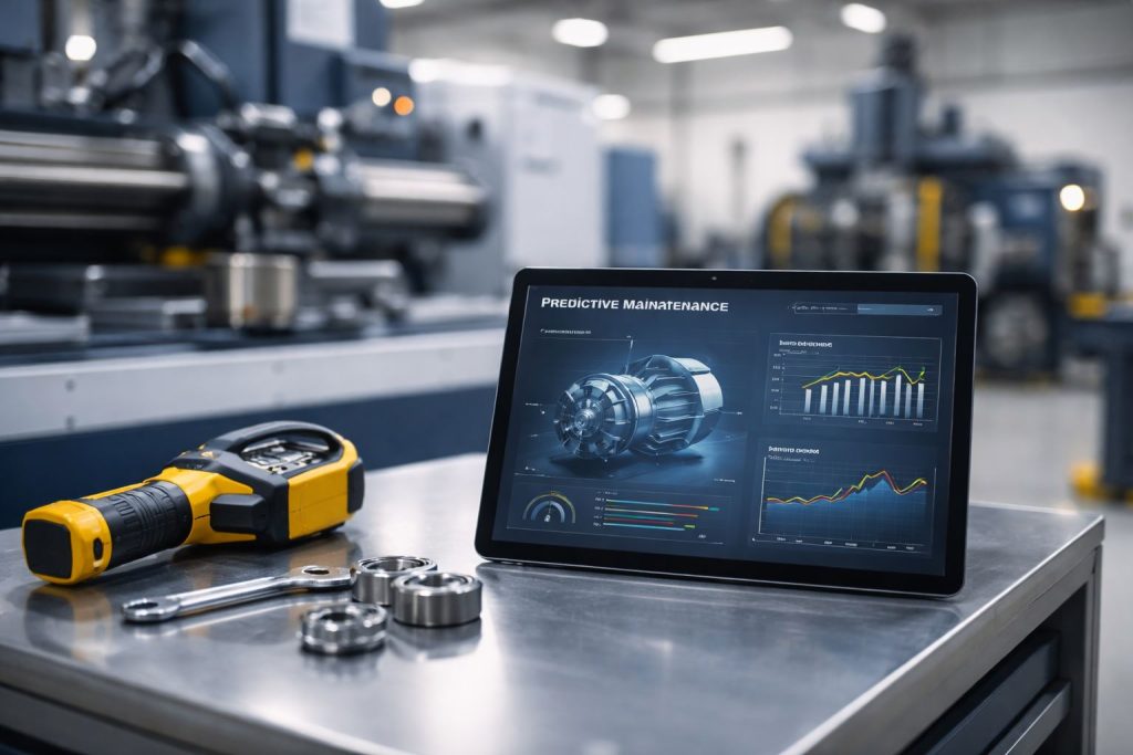 Ilustrasi predictive maintenance kurangi downtime: pemantauan kondisi mesin real-time di area machining untuk mencegah kerusakan dan menghentikan produksi.