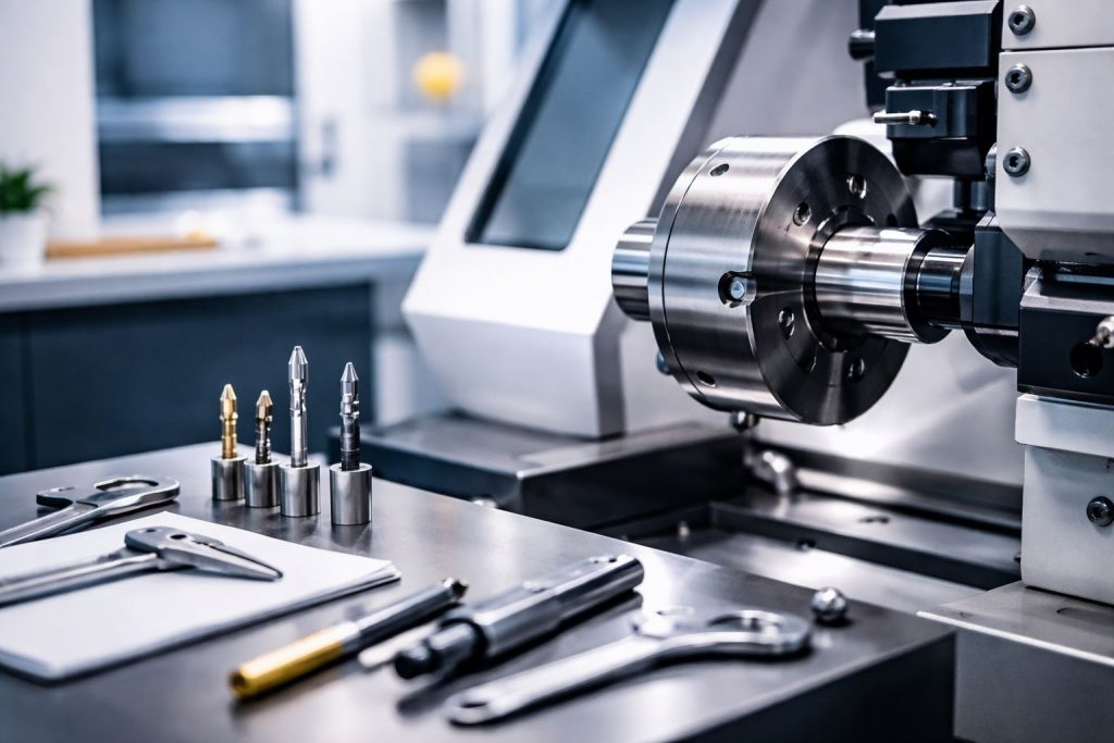 SMED pangkas waktu setup di lini turning: close-up CNC lathe dengan tooling siap ganti cepat untuk mendukung delivery tepat waktu.