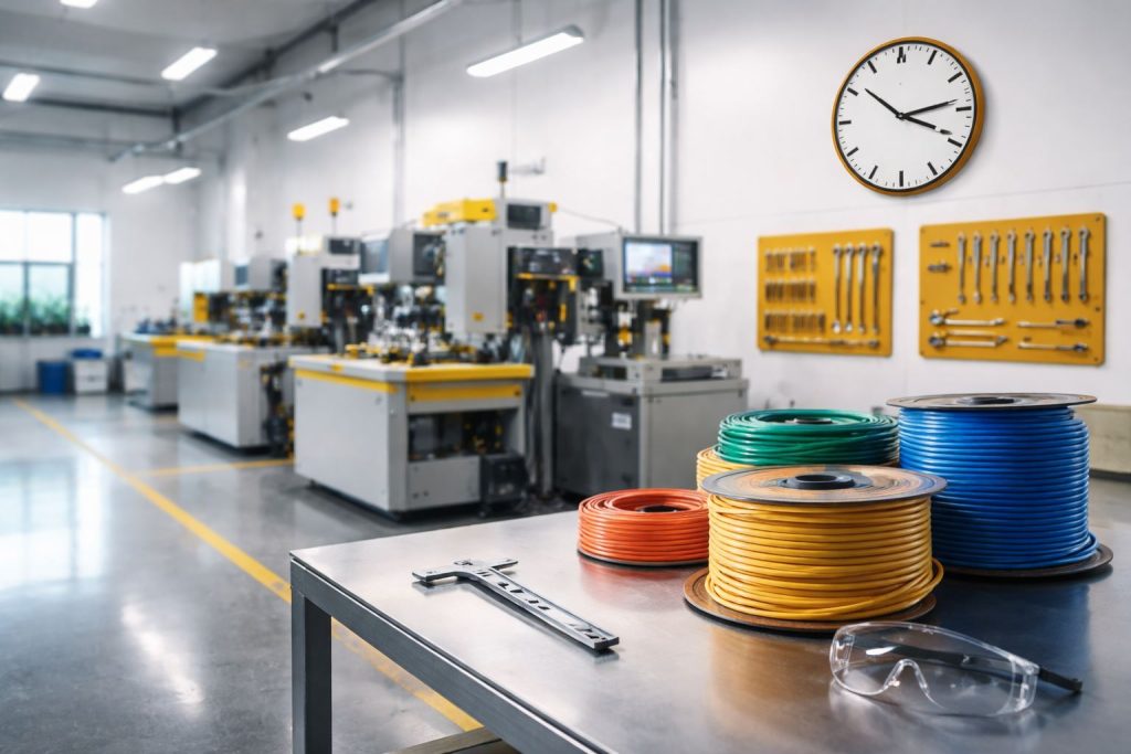 Lean turunkan lead time di industri kabel: workshop rapi dengan 5S, area setup cepat (SMED), dan layout efisien untuk percepat aliran produksi.