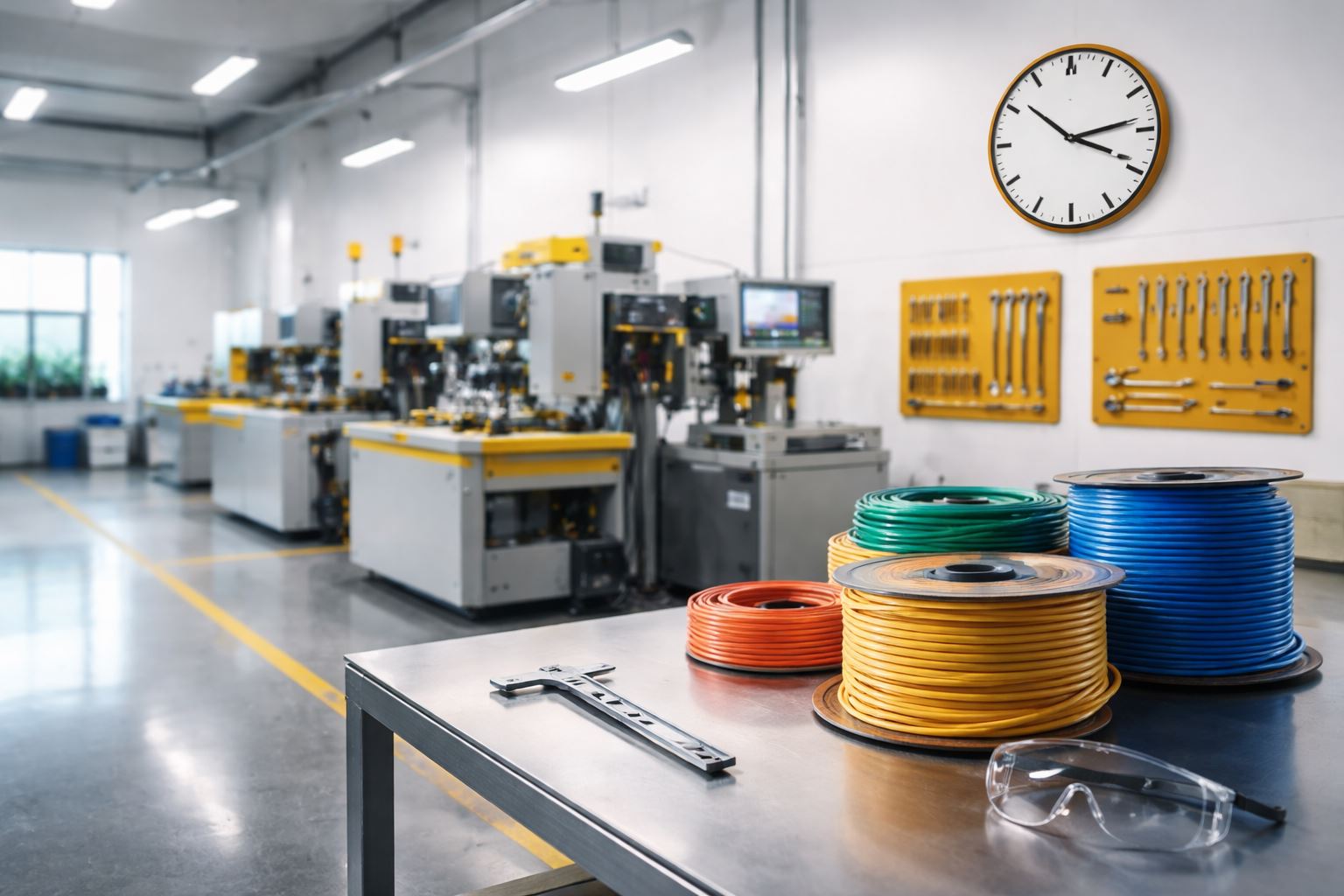 Lean turunkan lead time di industri kabel: workshop rapi dengan 5S, area setup cepat (SMED), dan layout efisien untuk percepat aliran produksi.