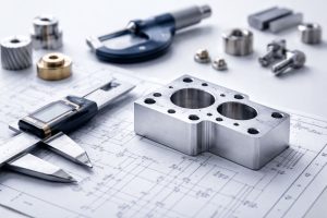 Ilustrasi komponen machining presisi dan alat ukur untuk menjelaskan toleransi umum ISO 2768 pada proses manufaktur—acuan toleransi dimensi dan geometrik.
