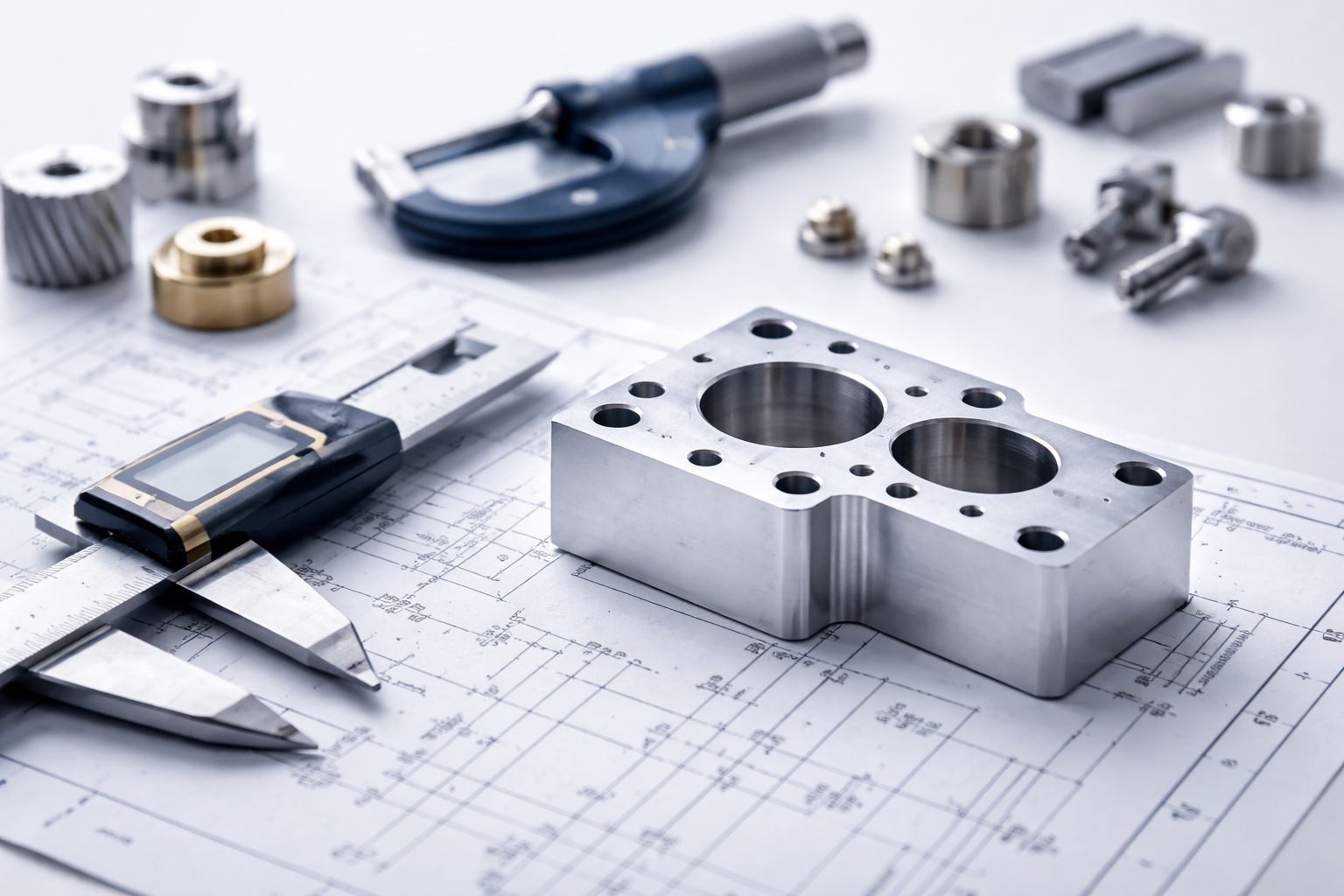 Ilustrasi komponen machining presisi dan alat ukur untuk menjelaskan toleransi umum ISO 2768 pada proses manufaktur—acuan toleransi dimensi dan geometrik.