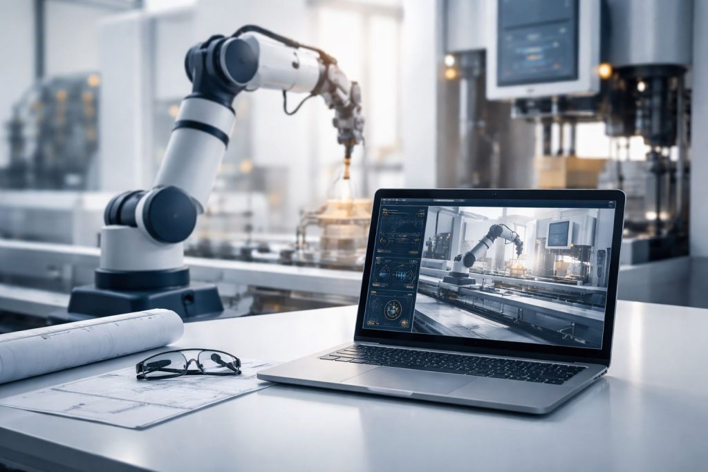 Virtual commissioning hemat waktu: simulasi digital commissioning sistem otomasi pabrik di laptop, dengan robot industri dan mesin modern dalam studio manufaktur minimalis tanpa manusia.