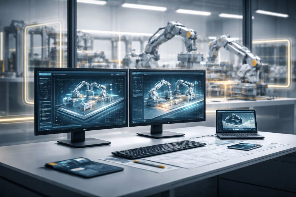 Digital twin percepat commissioning pada lini otomasi pabrik—simulasi virtual dan sistem kontrol terintegrasi untuk uji coba sebelum instalasi fisik.