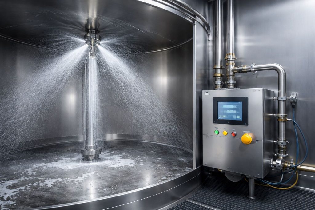 Sistem tank cleaning hemat tenaga otomatis di dalam tangki stainless, dengan spray head berputar dan panel kontrol, mempercepat pembersihan hingga lebih efisien dan rapi.