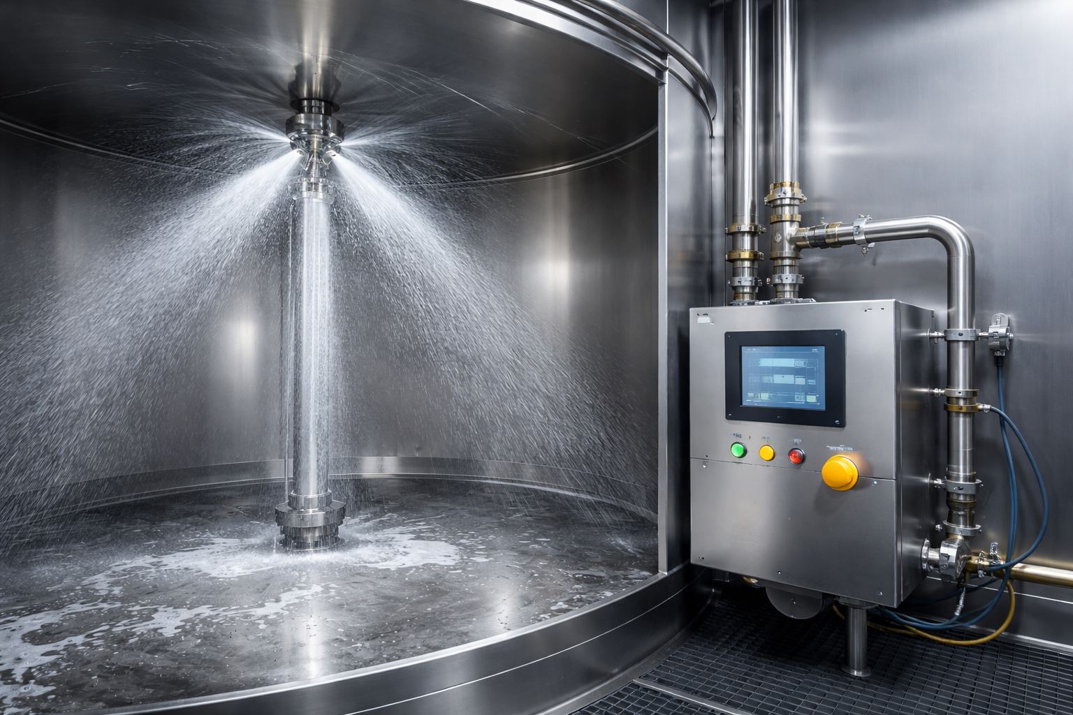 Sistem tank cleaning hemat tenaga otomatis di dalam tangki stainless, dengan spray head berputar dan panel kontrol, mempercepat pembersihan hingga lebih efisien dan rapi.