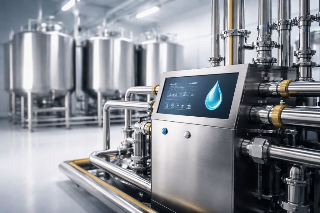 Smart CIP hemat air di pabrik makanan: sistem pembersihan otomatis stainless steel dengan panel kontrol digital, dirancang mengurangi pemakaian air dan meningkatkan efisiensi.