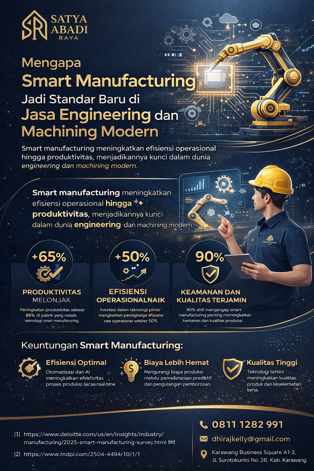 Infografis elegan bertema smart manufacturing jasa engineering dengan nuansa biru navy dan emas, menampilkan otomasi industri, robotik, analitik data, serta peran teknologi modern dalam meningkatkan efisiensi, presisi, dan kualitas layanan machining.