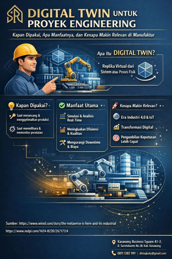 Infografis digital twin proyek engineering di manufaktur modern yang menjelaskan kapan teknologi ini digunakan, manfaat utamanya, serta alasan digital twin semakin relevan untuk efisiensi, simulasi real-time, pengurangan downtime, dan pengambilan keputusan industri.
