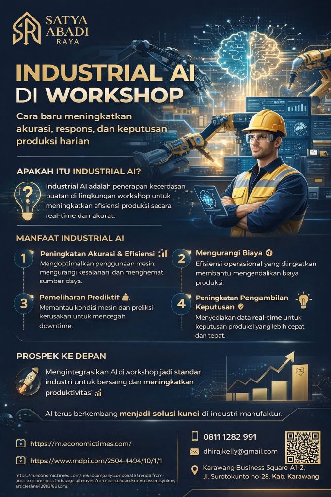 Infografis industrial AI di workshop dengan desain modern elegan bertema biru dan emas, menampilkan otomasi industri, analitik produksi, operator workshop, serta poin manfaat AI untuk meningkatkan akurasi, respons, dan keputusan produksi harian.