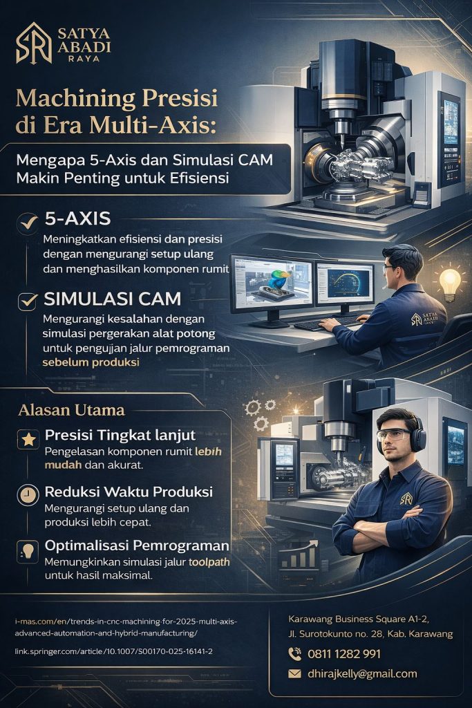 Infografis elegan tentang machining presisi multi axis yang menyoroti pentingnya teknologi 5-axis dan simulasi CAM untuk meningkatkan efisiensi, akurasi, fleksibilitas produksi, dan kualitas hasil machining di era manufaktur modern.
