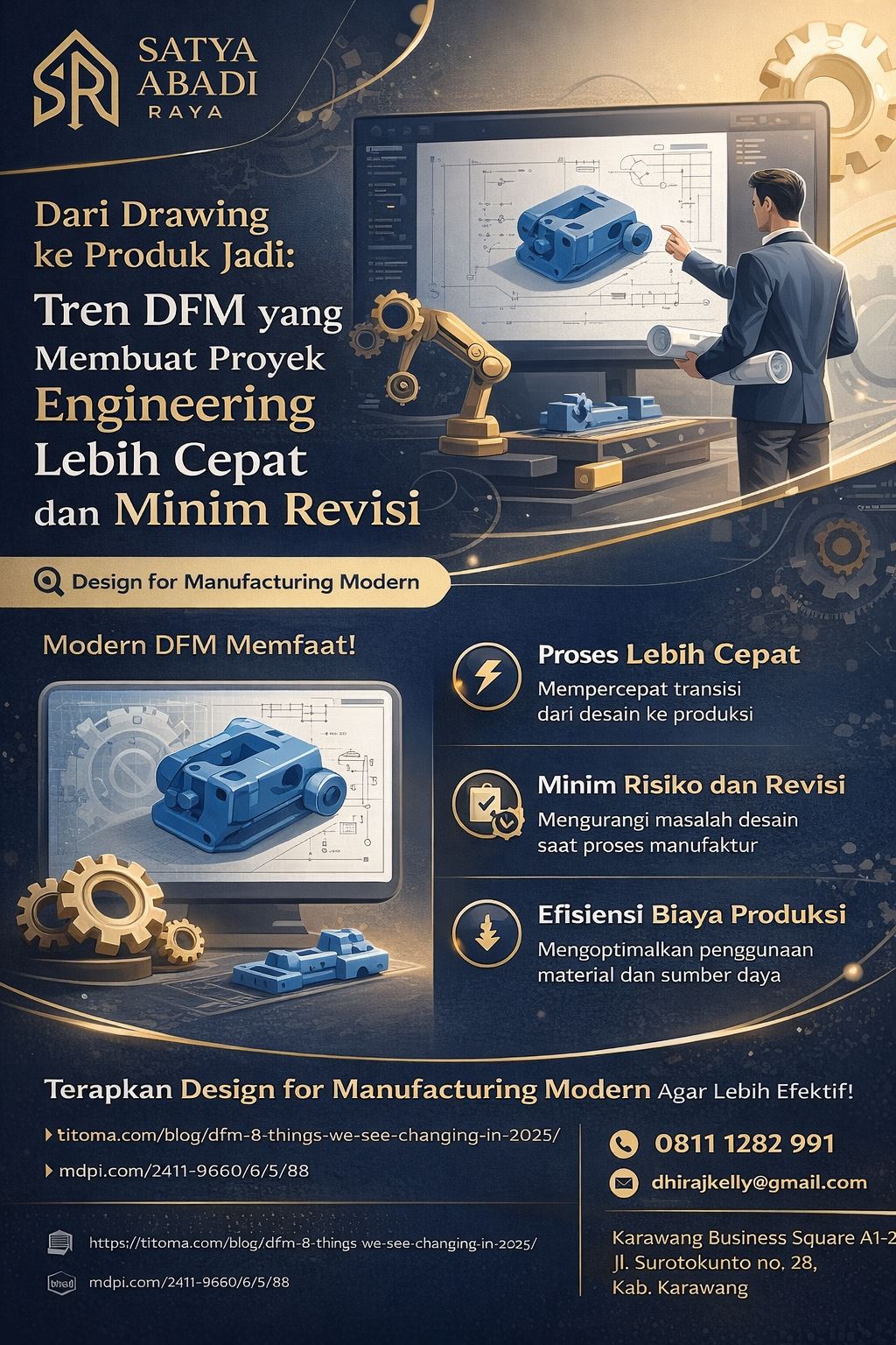 Infografis elegan bertema design for manufacturing modern yang menampilkan alur dari drawing hingga produk jadi, dengan visual engineering, machining, automation, dan strategi DFM untuk mempercepat proyek serta mengurangi revisi.