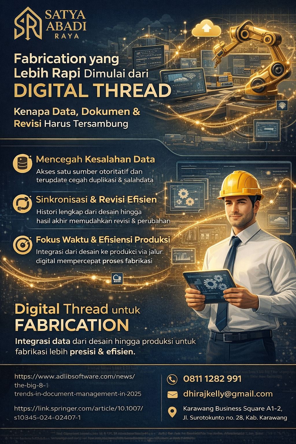 Infografis digital thread untuk fabrication yang menampilkan integrasi data, dokumen, dan revisi produksi agar proses fabrikasi lebih rapi, presisi, efisien, dan mudah ditelusuri dari desain hingga eksekusi.