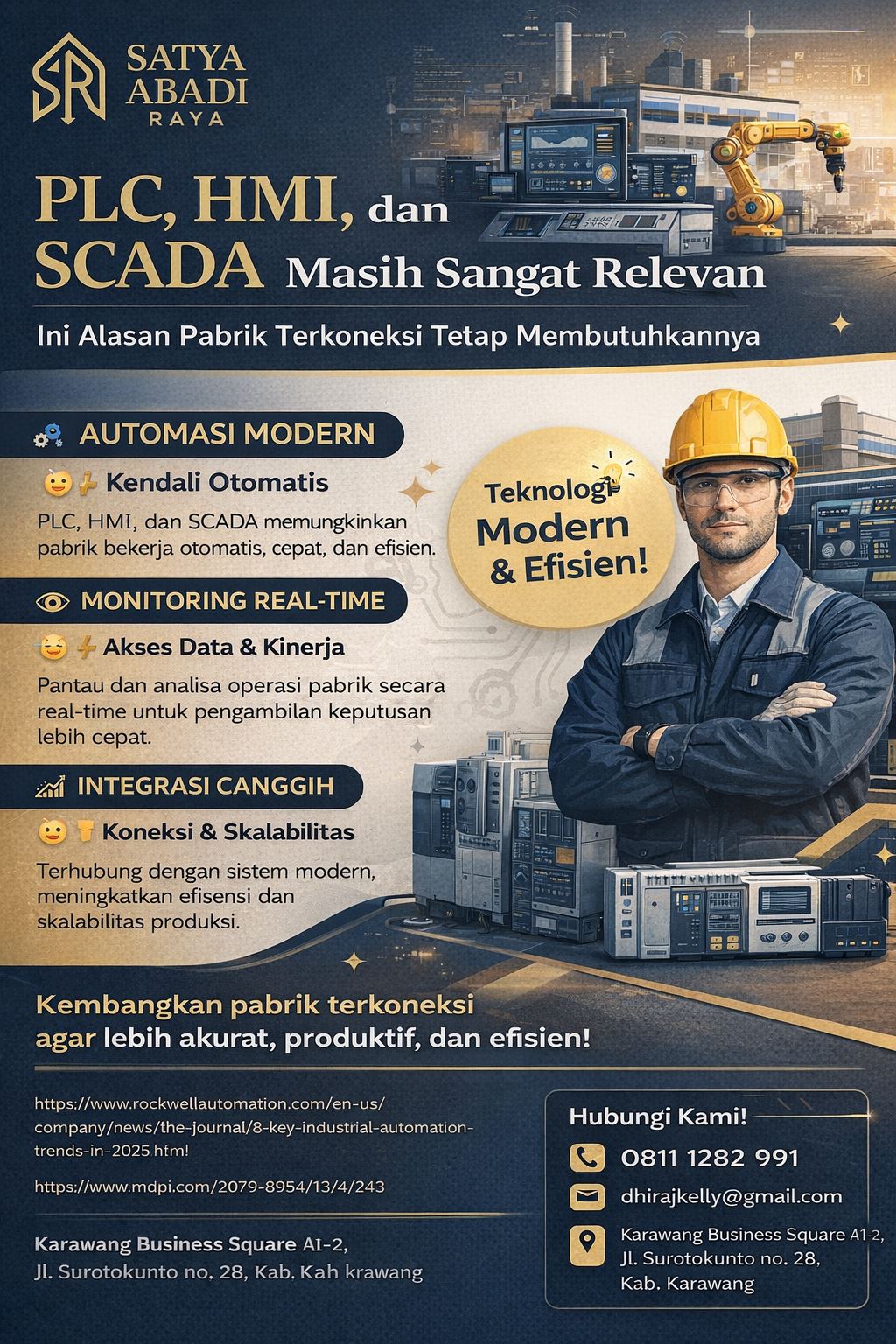 Infografis plc hmi scada modern bertema biru emas yang menampilkan otomasi pabrik, monitoring real-time, integrasi sistem industri, panel kontrol digital, lengan robot, dan teknisi industri untuk menggambarkan pentingnya PLC, HMI, dan SCADA pada pabrik terkoneksi modern.