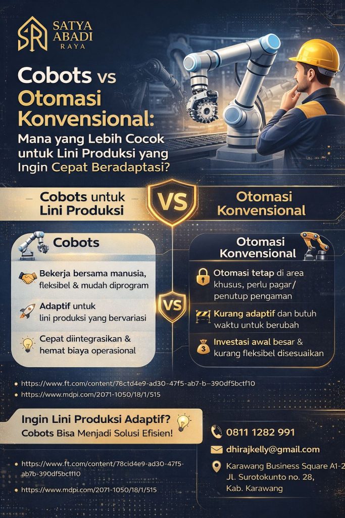 Infografis cobots untuk lini produksi yang membandingkan keunggulan cobot dengan otomasi konvensional, menampilkan fleksibilitas, efisiensi, dan kemampuan adaptasi cepat pada kebutuhan manufaktur modern.