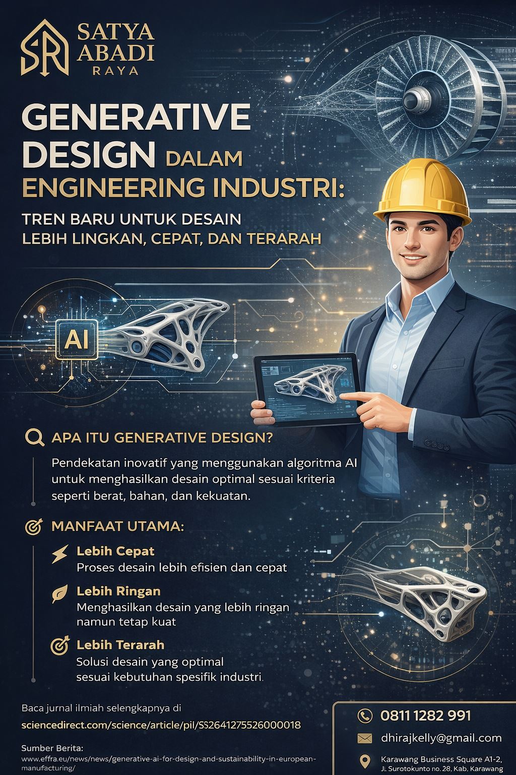 Infografis elegan bertema generative design engineering industri dengan nuansa biru tua dan emas, menampilkan visual desain komponen industrial berbasis AI, ilustrasi insinyur, poin manfaat desain yang lebih ringan, cepat, dan terarah, serta identitas PT. Satya Abadi Raya.