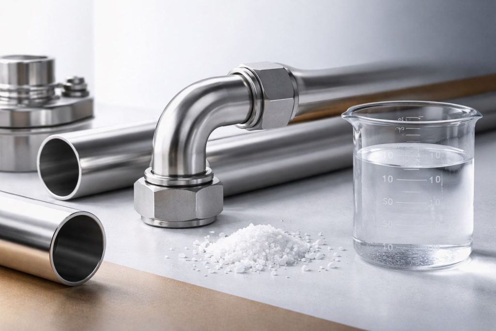 Stainless tahan klorida 316 pada komponen pipa industri presisi dengan tampilan metalik bersih dalam ilustrasi minimalis bertema ketahanan korosi