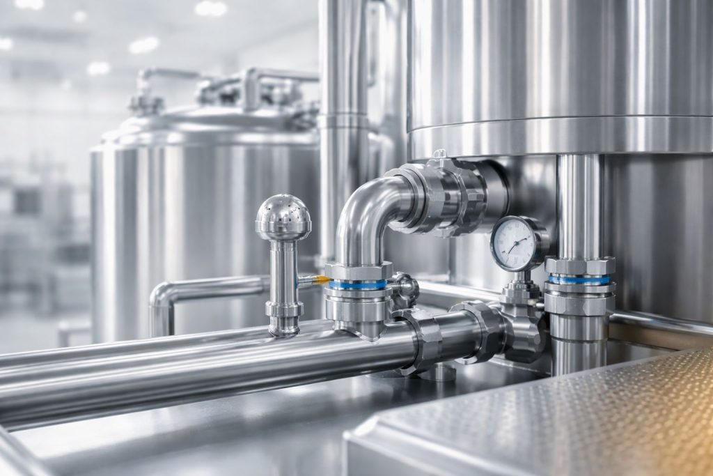 Ilustrasi food-grade equipment berbahan stainless steel dengan desain higienis modern yang merepresentasikan 10 prinsip sanitary design untuk proses cleaning yang efektif dan risiko kontaminasi yang lebih rendah.