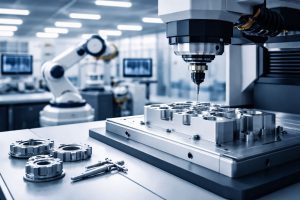 Ilustrasi smart manufacturing jasa engineering modern dengan mesin CNC presisi dan sistem otomasi industrial berkonsep futuristik minimalis