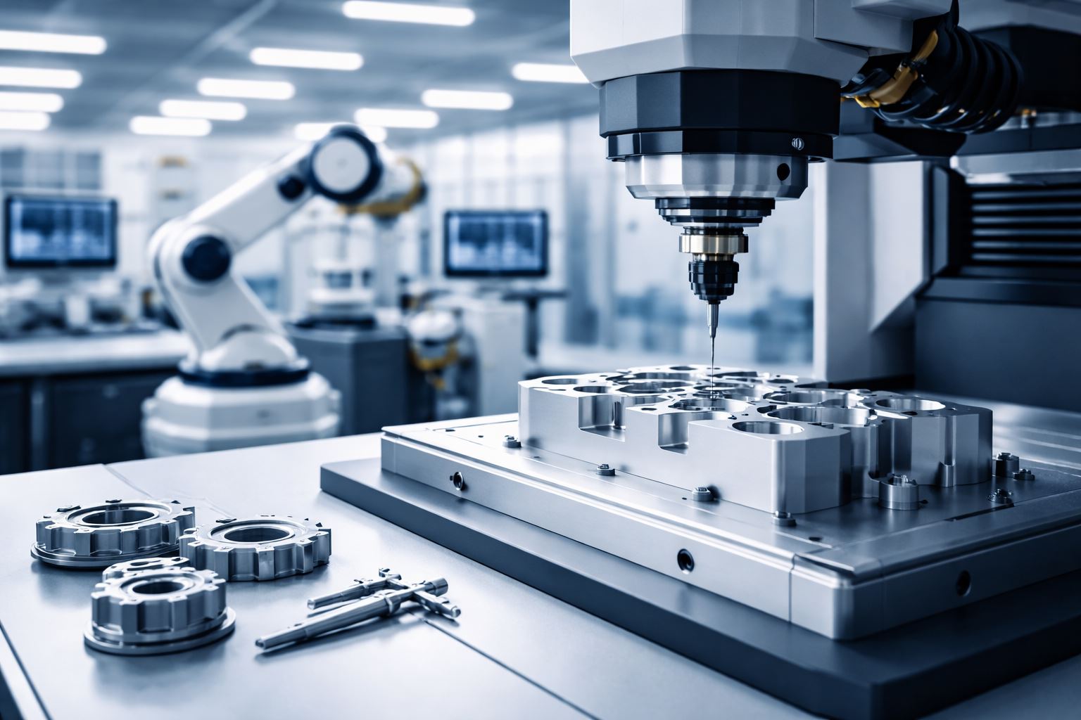 Ilustrasi smart manufacturing jasa engineering modern dengan mesin CNC presisi dan sistem otomasi industrial berkonsep futuristik minimalis