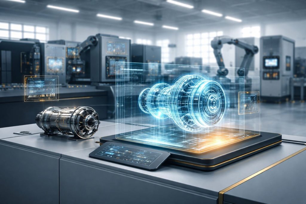Ilustrasi digital twin proyek engineering di lingkungan manufaktur modern, menampilkan sinkronisasi model virtual dan sistem produksi presisi secara futuristik.