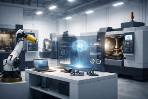 Industrial AI di workshop modern dengan mesin presisi otomatis, robotik, dan sistem analitik cerdas untuk meningkatkan akurasi, respons, dan keputusan produksi harian