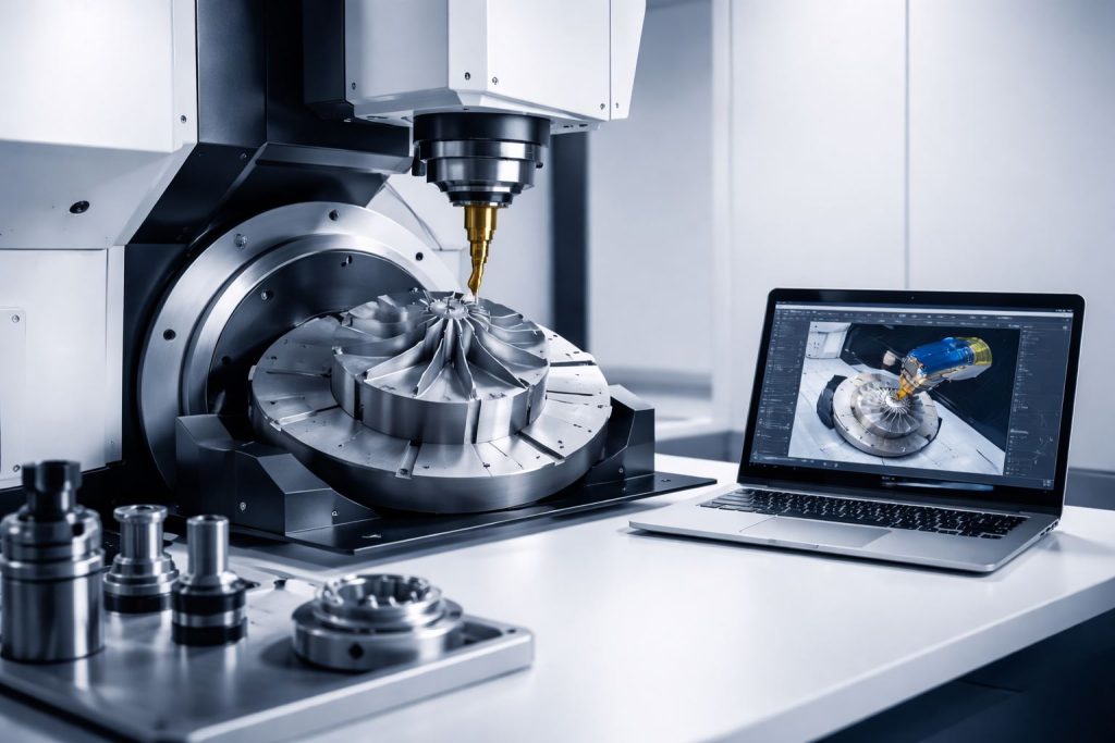 Ilustrasi machining presisi multi axis dengan mesin CNC 5-axis dan simulasi CAM modern untuk meningkatkan akurasi, efisiensi, dan kualitas produksi komponen industri