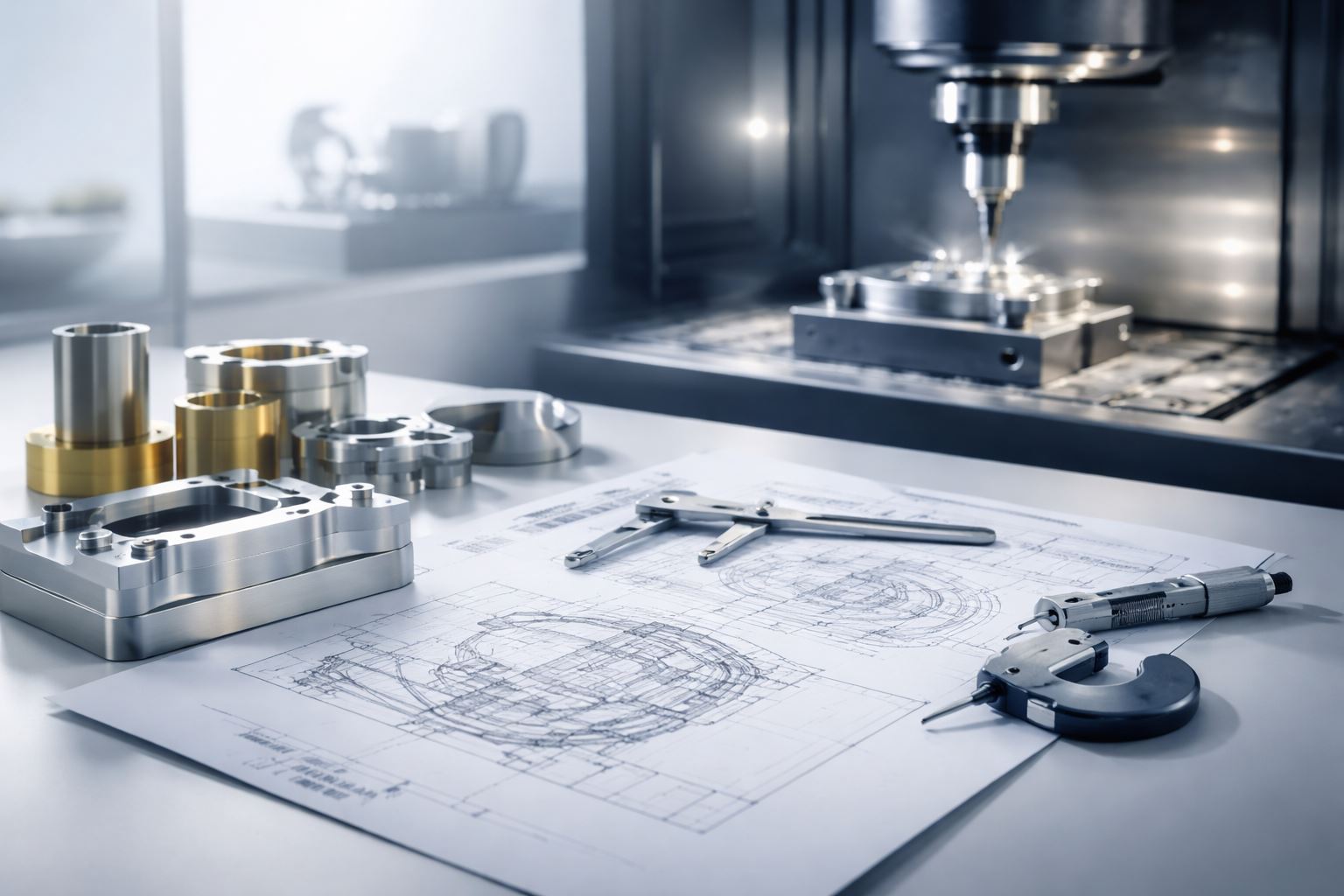 Ilustrasi design for manufacturing modern di lingkungan manufaktur presisi, menampilkan transisi dari drawing teknis menuju komponen jadi dengan pendekatan engineering yang efisien, rapi, dan minim revisi.