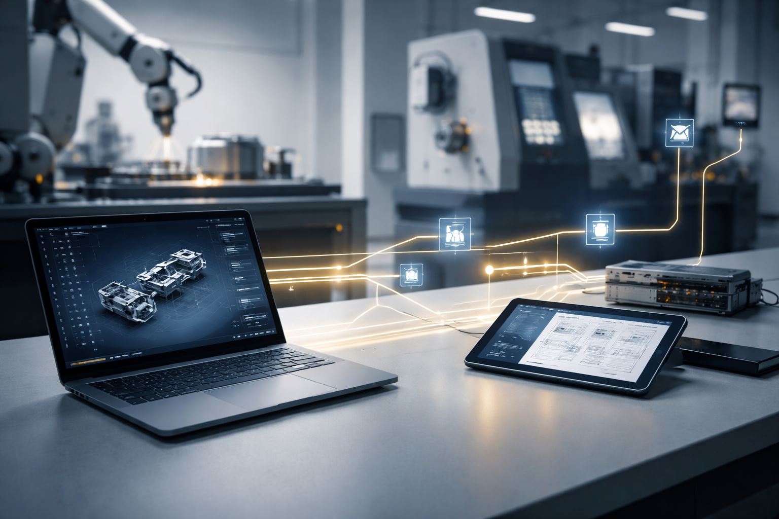Ilustrasi digital thread untuk fabrication di lingkungan manufaktur modern, menampilkan alur data, dokumen, dan revisi yang saling terhubung untuk mendukung proses fabrikasi yang rapi, presisi, dan efisien.