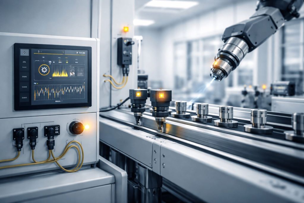 Ilustrasi predictive maintenance industrial automation pada mesin industri modern dengan sistem pemantauan cerdas untuk mengurangi downtime dan biaya servis.