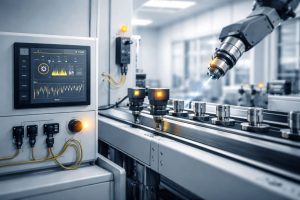 Ilustrasi predictive maintenance industrial automation pada mesin industri modern dengan sistem pemantauan cerdas untuk mengurangi downtime dan biaya servis.