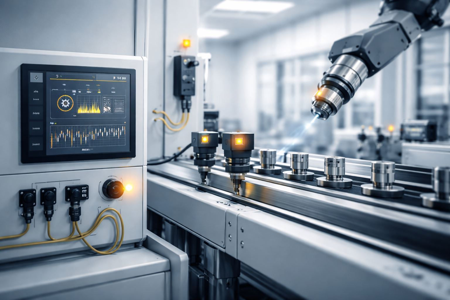 Ilustrasi predictive maintenance industrial automation pada mesin industri modern dengan sistem pemantauan cerdas untuk mengurangi downtime dan biaya servis.