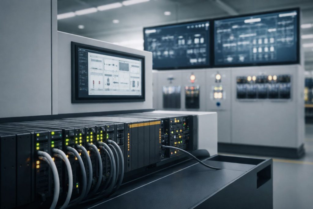 Ilustrasi sistem PLC HMI SCADA modern pada panel otomasi industri untuk mendukung pabrik terkoneksi yang efisien, presisi, dan andal