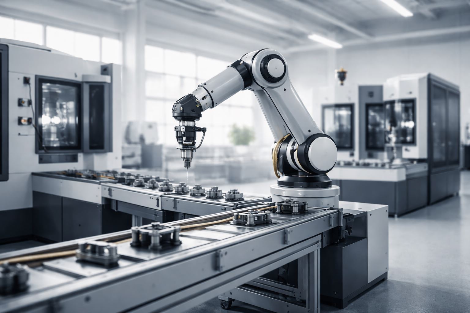 Flexible automation pabrik menengah dengan lengan robot modular di lini produksi modern yang rapi, presisi, dan adaptif untuk kebutuhan manufaktur yang terus berubah.