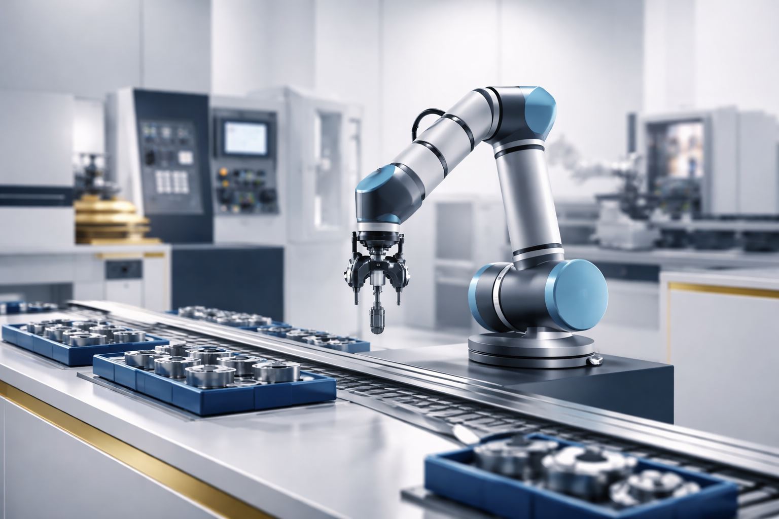 Cobots untuk lini produksi modern dalam setting pabrik minimalis, menampilkan otomatisasi fleksibel yang mendukung adaptasi cepat dan efisiensi manufaktur.