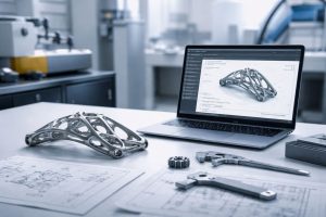 Ilustrasi generative design engineering industri menampilkan komponen manufaktur ringan berstruktur organik di meja kerja modern dengan tampilan desain digital presisi dan nuansa profesional minimalis.