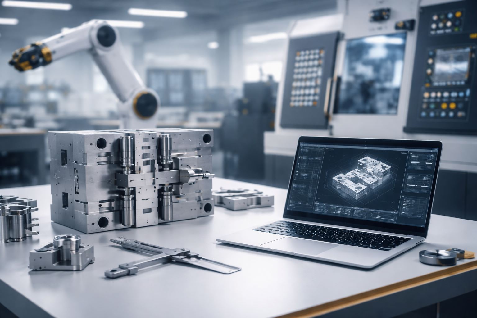 Ilustrasi value engineering industri modern di lingkungan manufaktur pintar dengan mesin presisi, otomasi, dan pendekatan efisiensi berbasis teknologi Industry 4.0.