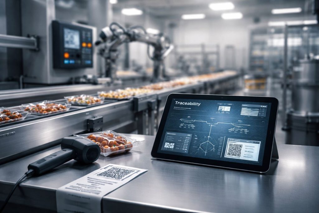 Ilustrasi traceability manufaktur food processing dengan sistem pelacakan data digital pada lini produksi modern yang presisi, higienis, dan terintegrasi.