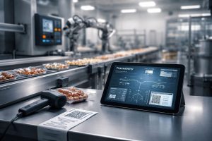 Ilustrasi traceability manufaktur food processing dengan sistem pelacakan data digital pada lini produksi modern yang presisi, higienis, dan terintegrasi.