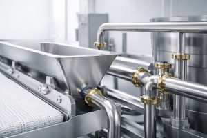 Hygienic design food equipment pada mesin pengolahan makanan berbahan stainless steel dengan desain minimalis, permukaan halus, sudut membulat, dan konstruksi yang mudah dibersihkan untuk mendukung standar sanitasi industri pangan.