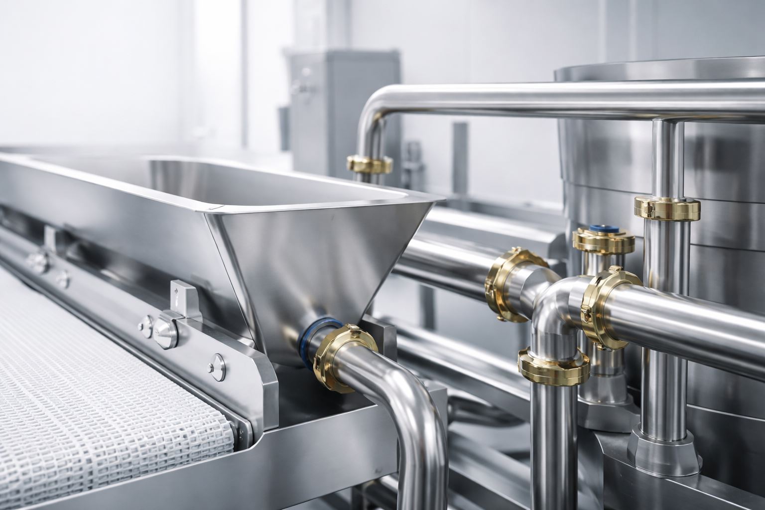 Hygienic design food equipment pada mesin pengolahan makanan berbahan stainless steel dengan desain minimalis, permukaan halus, sudut membulat, dan konstruksi yang mudah dibersihkan untuk mendukung standar sanitasi industri pangan.
